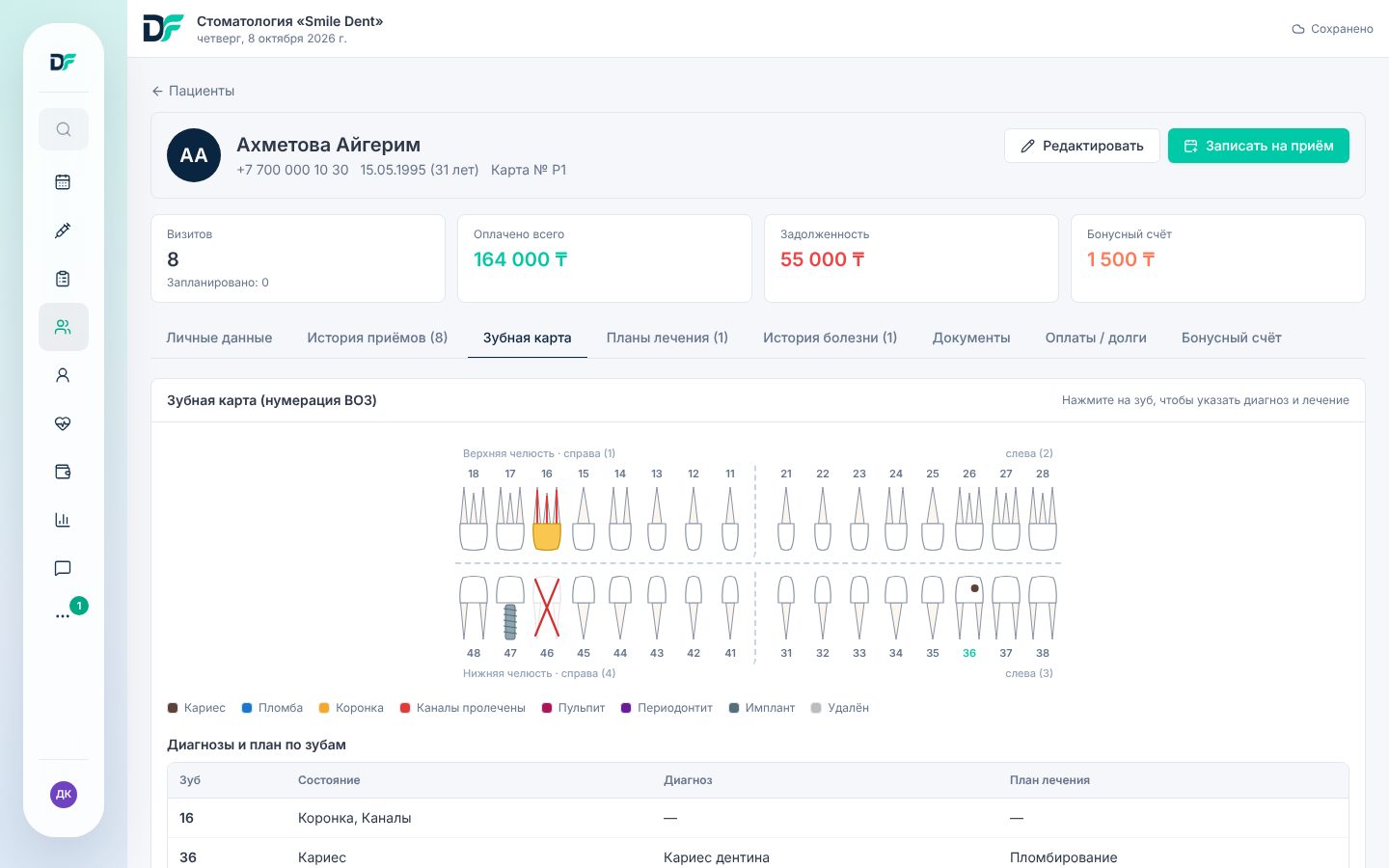 Карточка пациента с зубной картой в DentaFlow
